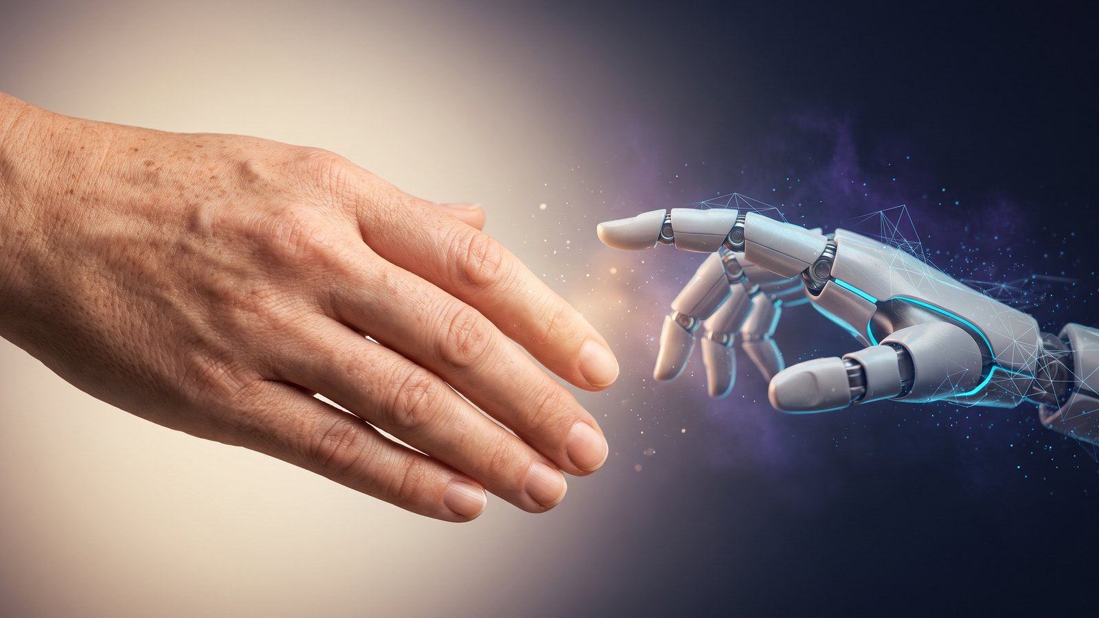 Mão humana em gesto de toque terapêutico ao lado de uma mão robótica que se desfaz em partículas digitais